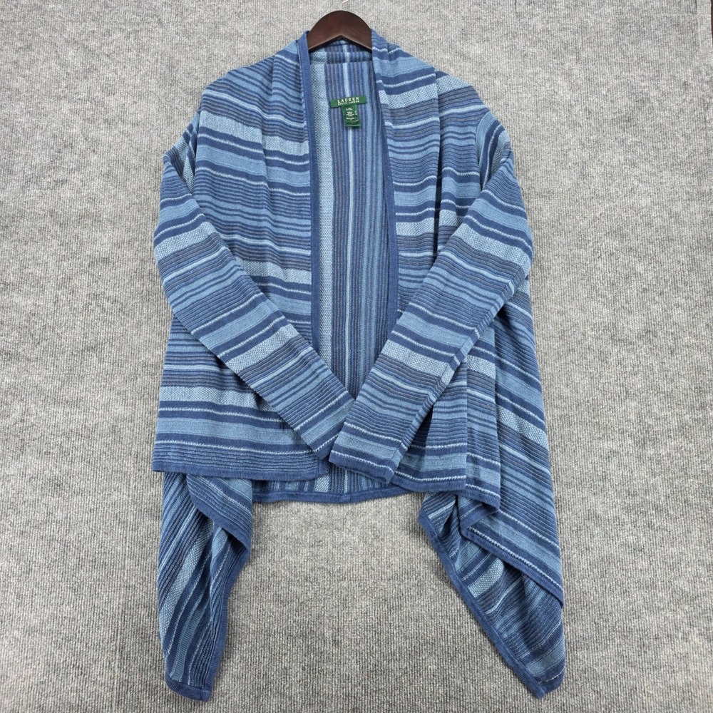Lauren Ralph Lauren Blue Striped 100% Linen Open Front Cardigan L/XL